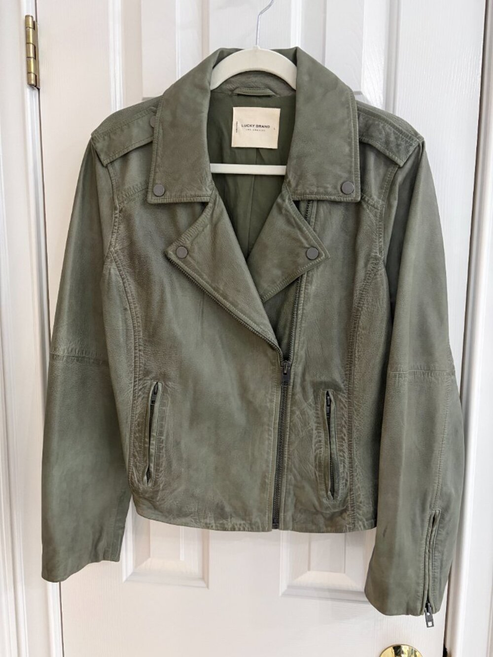 Lucky Brand Classic Leather Moto Jacket - Oil Green - Large - Picture 4 of 12